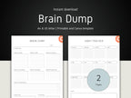 Two pages from a 'Brain Dump' and 'Habit Tracker' template on a dark background.