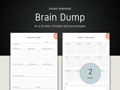 Two pages from a 'Brain Dump' and 'Habit Tracker' template on a dark background.