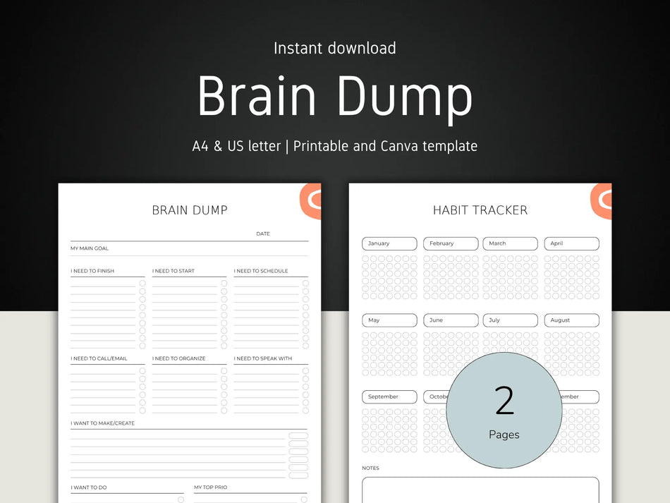 Two pages from a 'Brain Dump' and 'Habit Tracker' template on a dark background.
