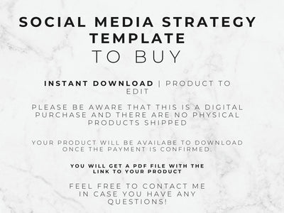 Text on a marble background describing a social media strategy template for purchase.