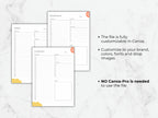 Three planner pages on a marble background with text about customization options.
