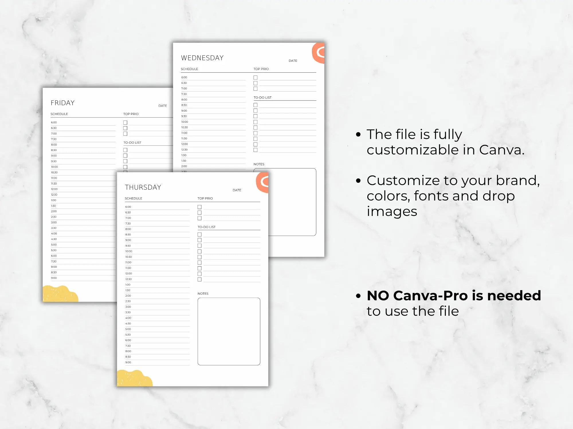 Three planner pages on a marble background with text about customization options.