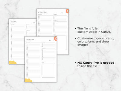 Three planner pages on a marble background with text about customization options.