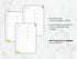Three planner pages on a marble background with text about customization options.