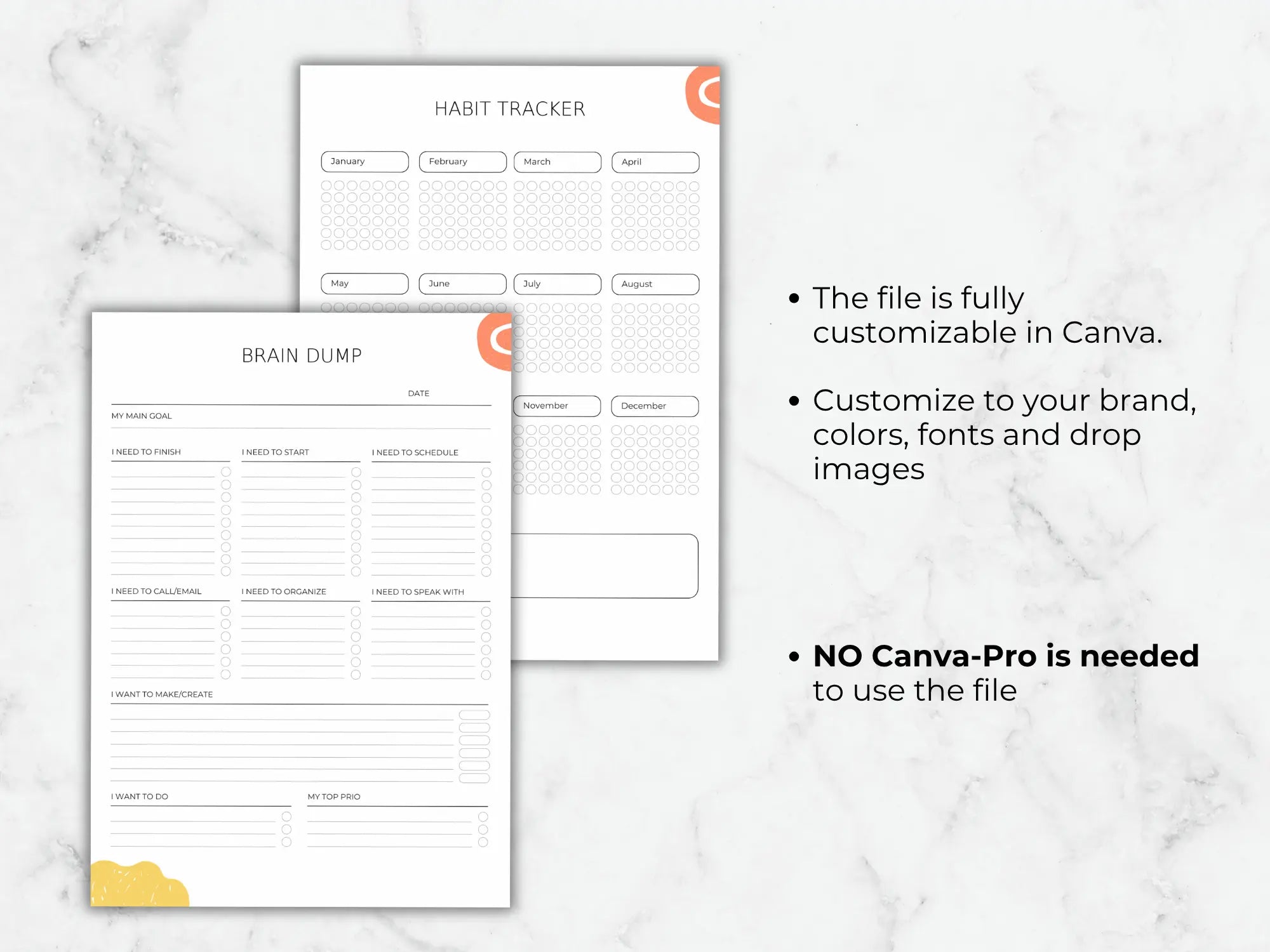Two habit tracker templates on a marble background with text about customization options.