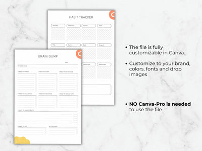 Two habit tracker templates on a marble background with text about customization options.