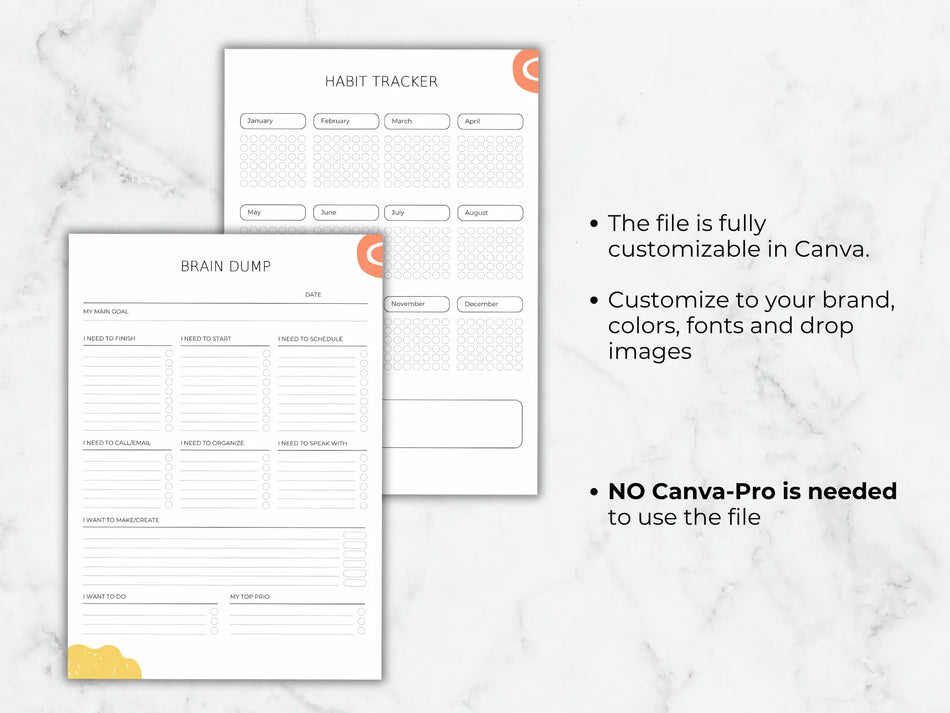 Two habit tracker templates on a marble background with text about customization options.