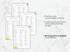Graphic showing stacked packing list pages with details on customizing colors, fonts, and images in Canva.