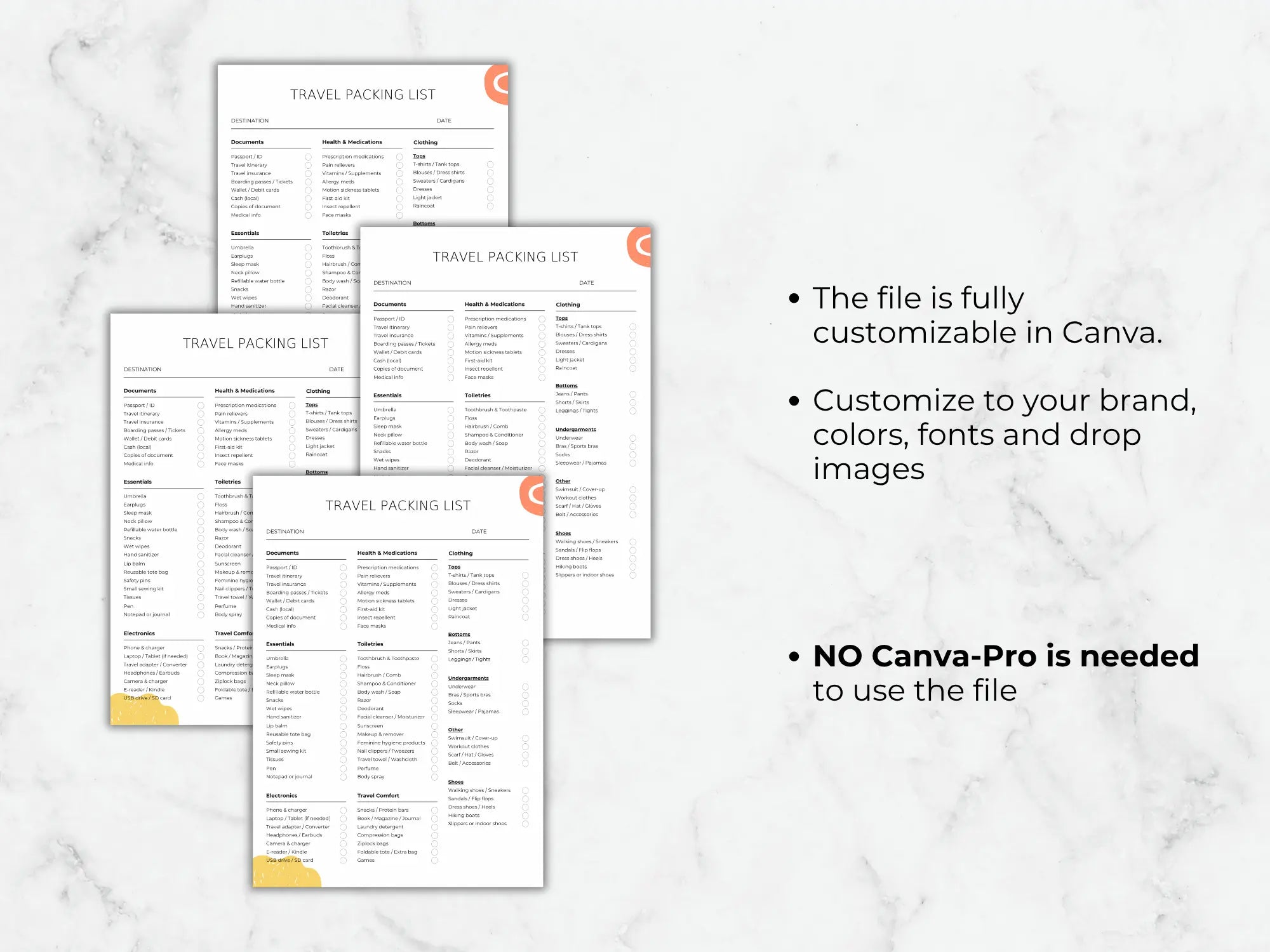 Graphic showing stacked packing list pages with details on customizing colors, fonts, and images in Canva.