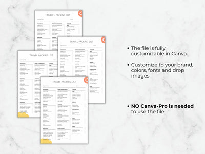 Graphic showing stacked packing list pages with details on customizing colors, fonts, and images in Canva.