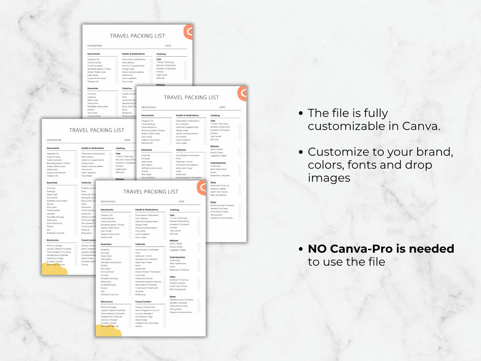Graphic showing stacked packing list pages with details on customizing colors, fonts, and images in Canva.