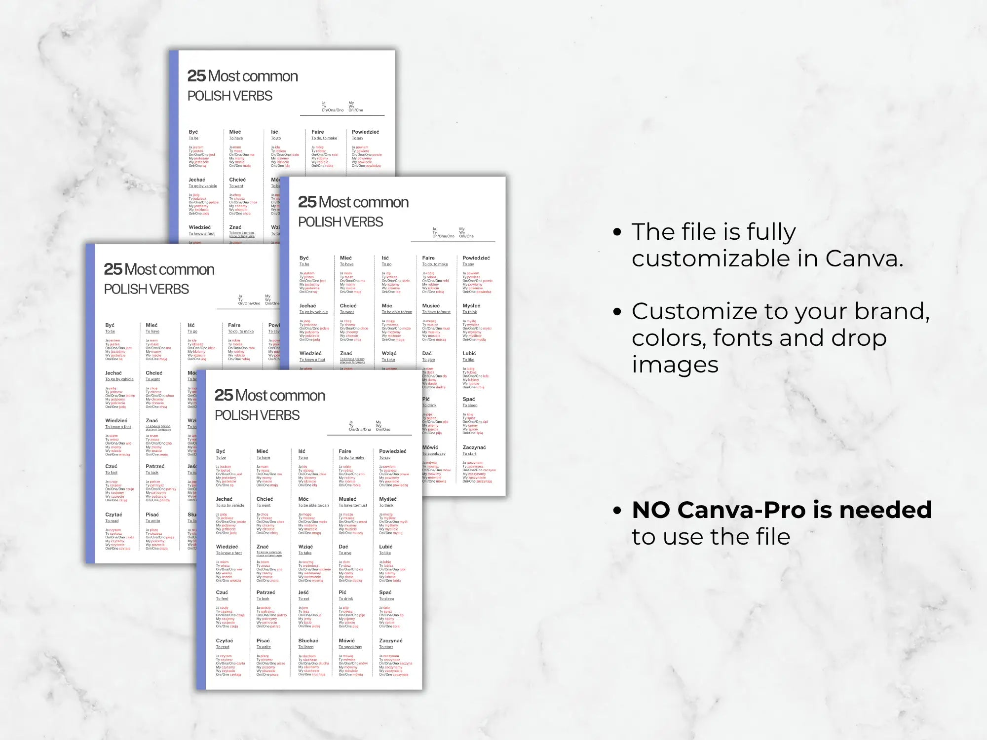 several variations of the polish verb chart showing that colors, fonts, and layouts are fully editable without a canva pro account.