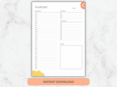 Daily planner sheet with time slots, tasks, and notes on a marble background