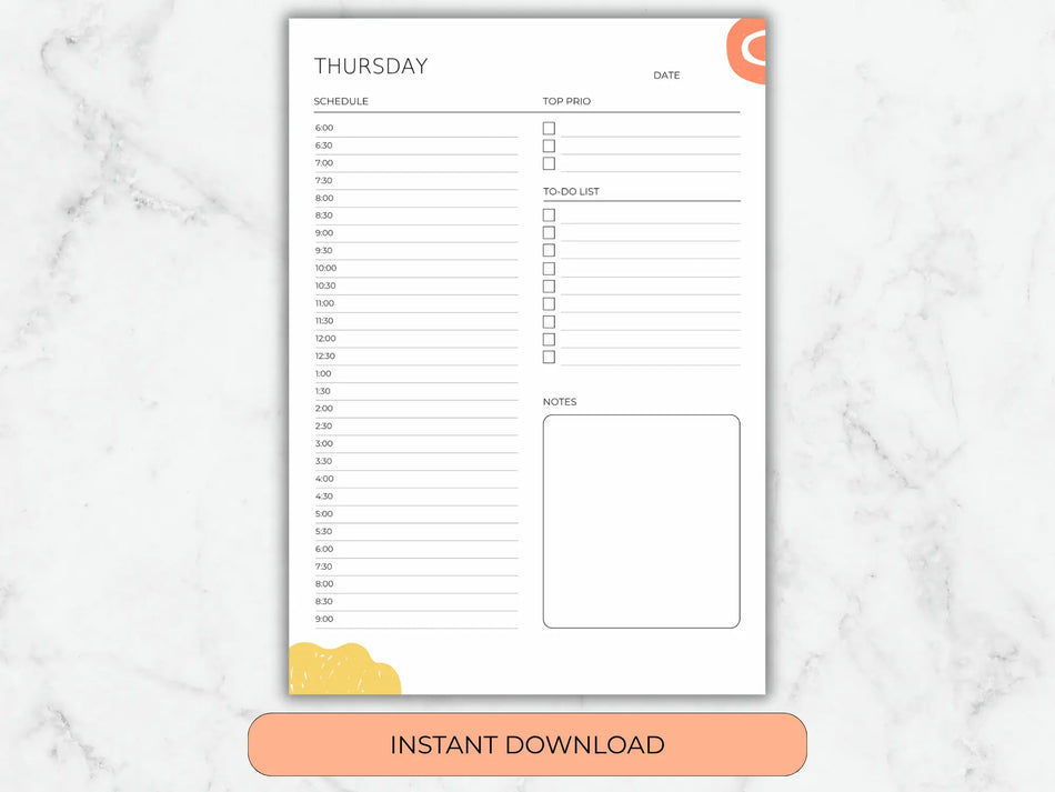 Daily planner sheet with time slots, tasks, and notes on a marble background