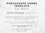 Text on a marble background about a Portuguese verbs template for buying.