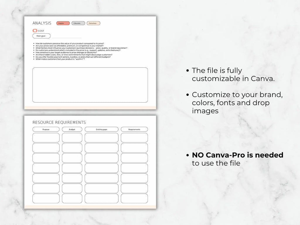 Two customizable templates on a marble background with text about Canva customization.