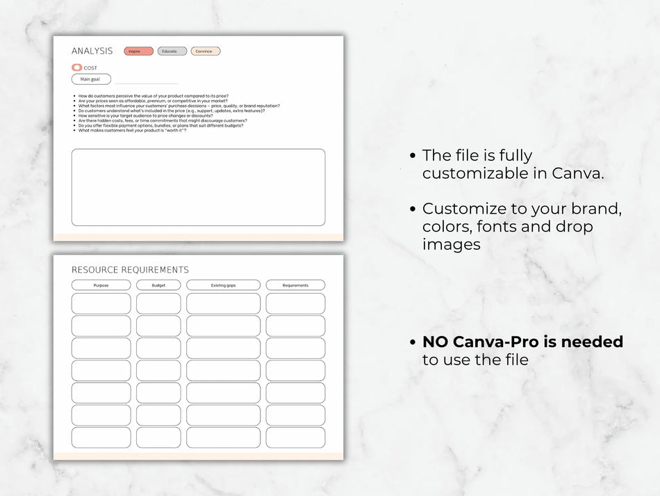 Two customizable templates on a marble background with text about Canva customization.