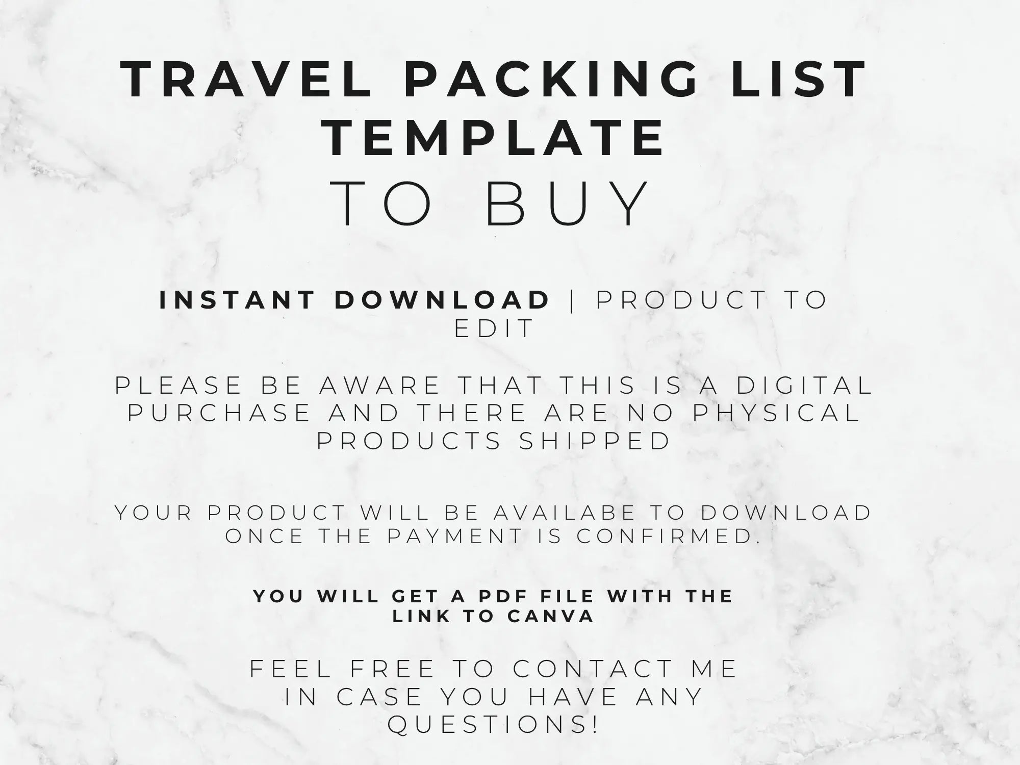 Travel packing list template with text on a marble background