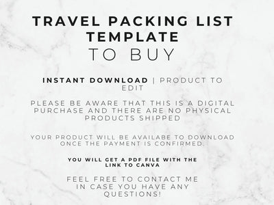 Travel packing list template with text on a marble background