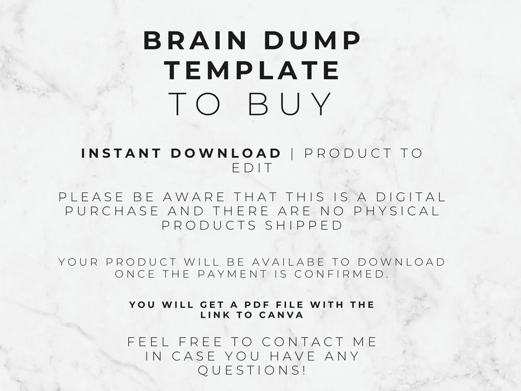Text on a marble background about a 'Brain Dump Template to Buy' with purchase and download information.