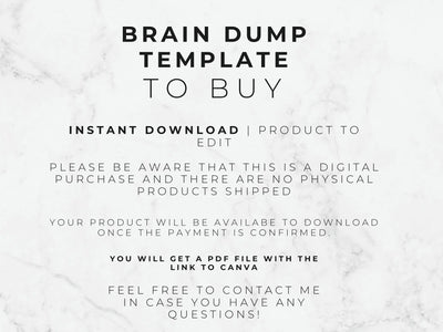 Text on a marble background about a 'Brain Dump Template to Buy' with purchase and download information.