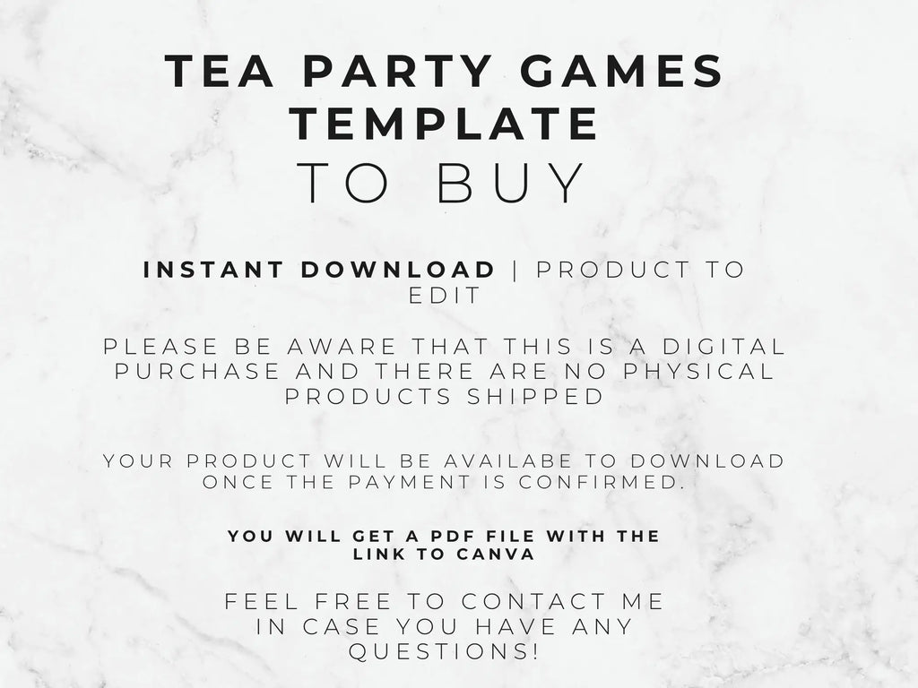 Digital template listing graphic with the text 'TEA PARTY GAMES TEMPLATE TO BUY' on a white marble background, plus additional download and payment information.
