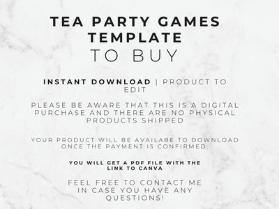Digital template listing graphic with the text 'TEA PARTY GAMES TEMPLATE TO BUY' on a white marble background, plus additional download and payment information.