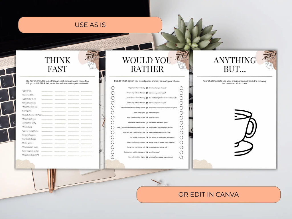 Three printable reflection worksheets are displayed on a styled desk mockup with a laptop, notebook, and succulent. The worksheets read 'THINK FAST', 'WOULD YOU RATHER', and 'ANYTHING BUT.