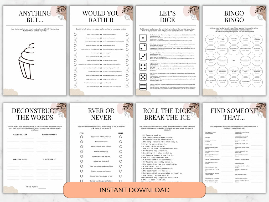 Eight printable party game sheets arranged in a grid on a light marble background, with an orange banner reading 'INSTANT DOWNLOAD' at the bottom. The sheets include prompts such as 'ANYTHING BUT.