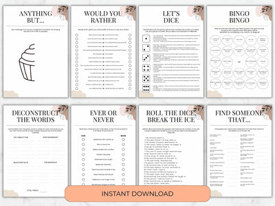 Eight printable party game sheets arranged in a grid on a light marble background, with an orange banner reading 'INSTANT DOWNLOAD' at the bottom. The sheets include prompts such as 'ANYTHING BUT.