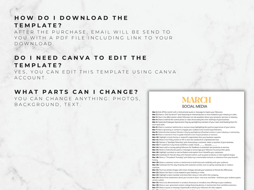 March social media plan template with text instructions on a marble background