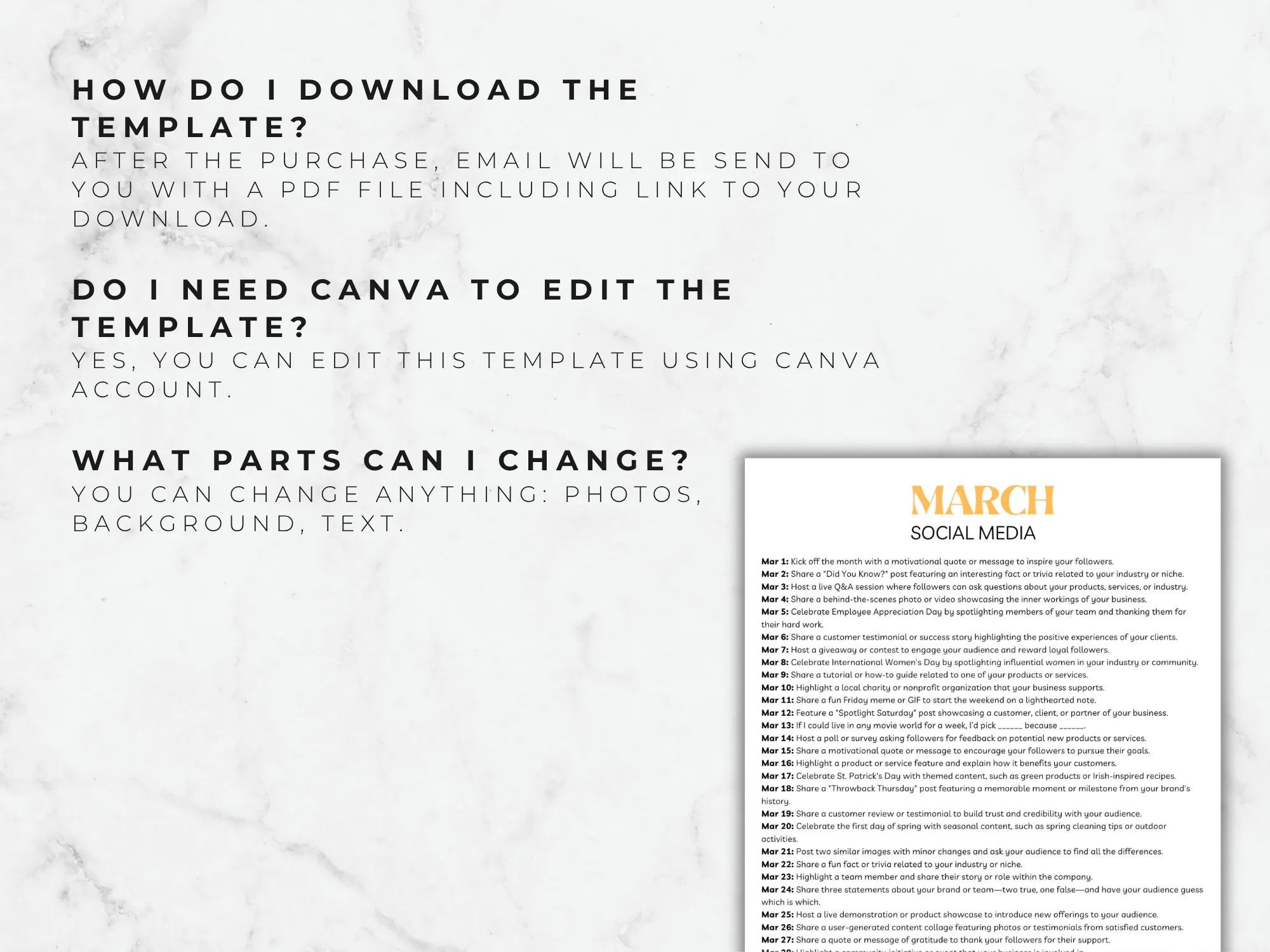March social media plan template with text instructions on a marble background