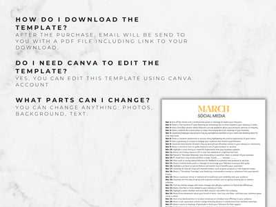 March social media plan template with text instructions on a marble background