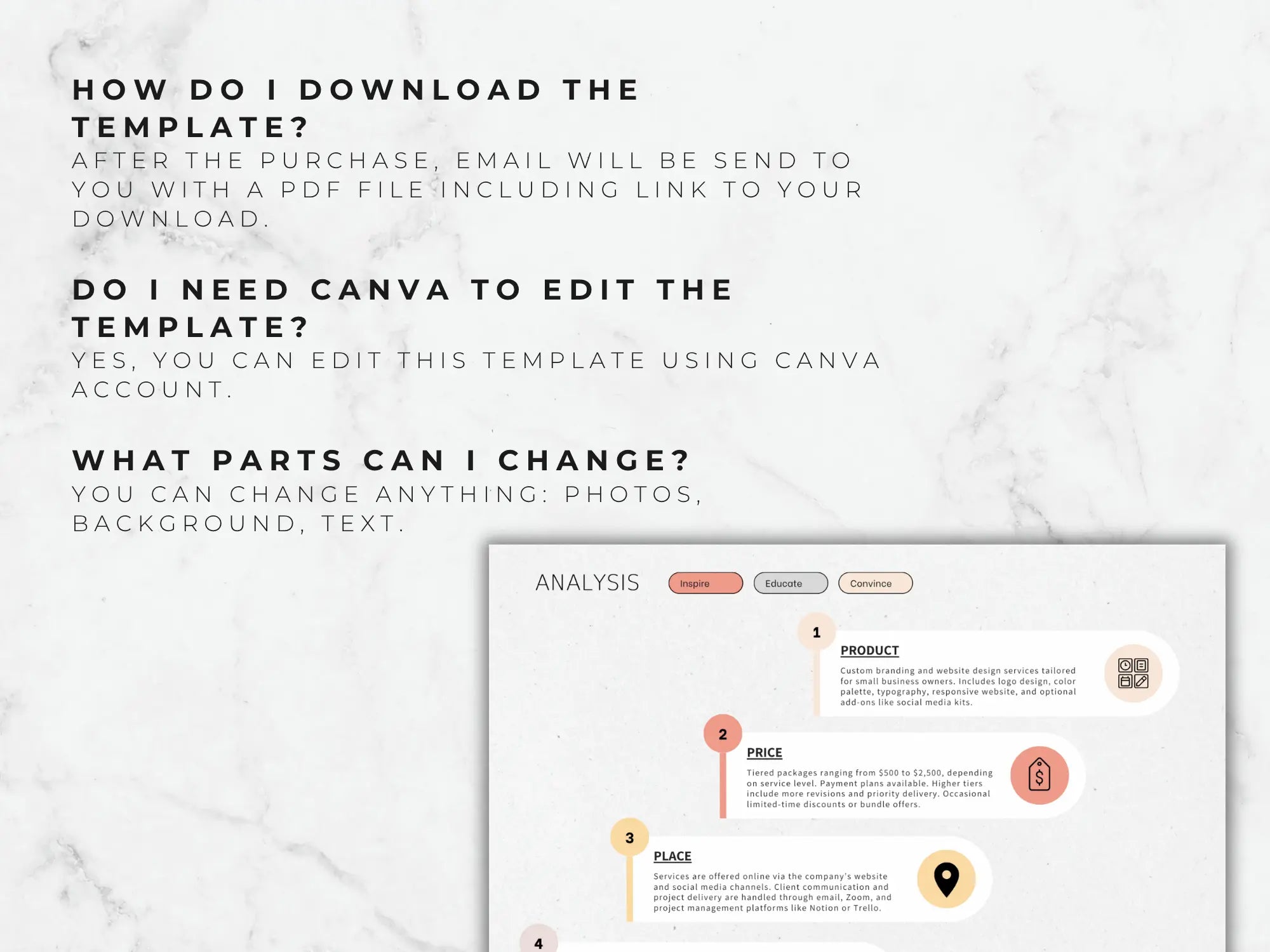 A digital promotional graphic with a white marble background and black text explaining how to download a template, whether Canva is needed for editing, and what parts can be changed. A preview of a template page labeled 'ANALYSIS' appears in the lower right.