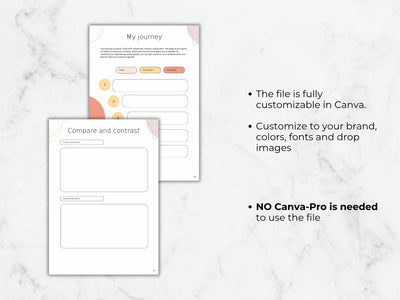 Two design templates on a marble background with text about customization options.