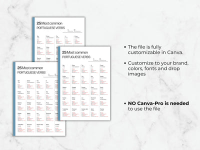Three sheets of paper with Portuguese verb lists on a marble surface.