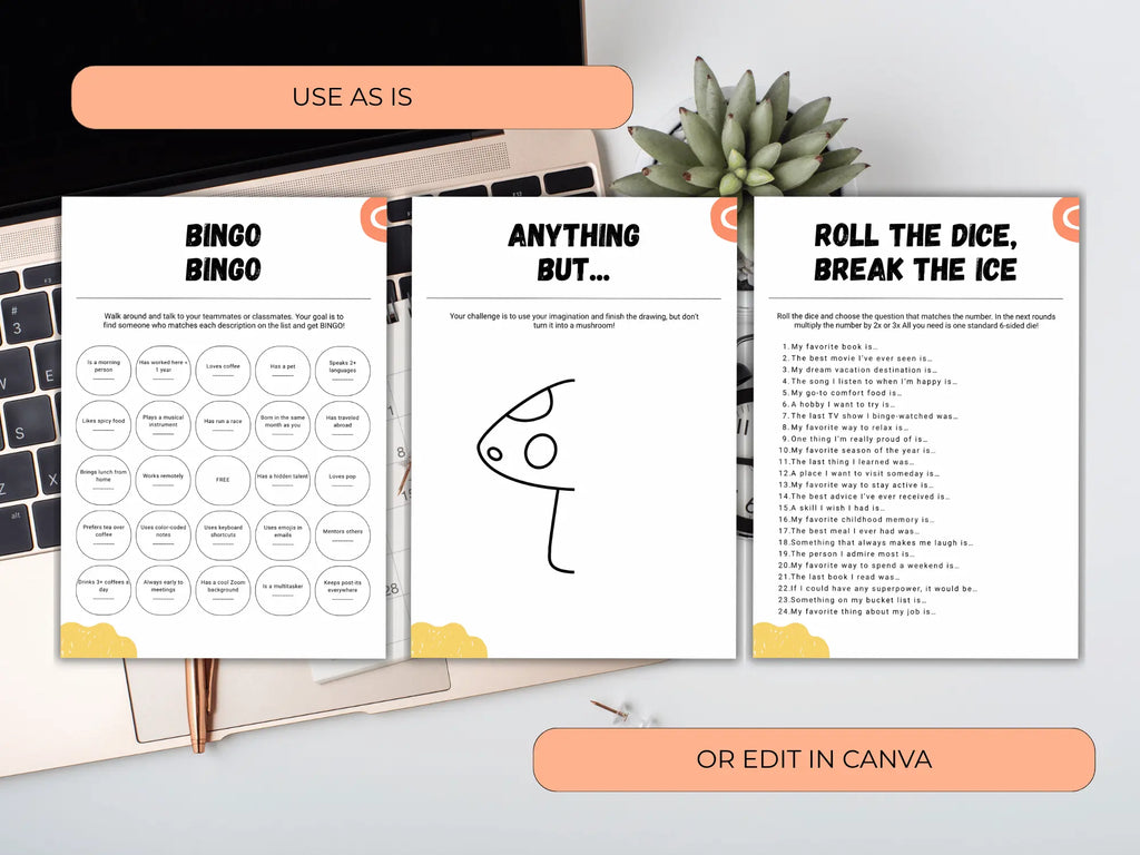 Three printable party game sheets displayed on a desk mockup: 'BINGO BINGO', 'ANYTHING BUT.