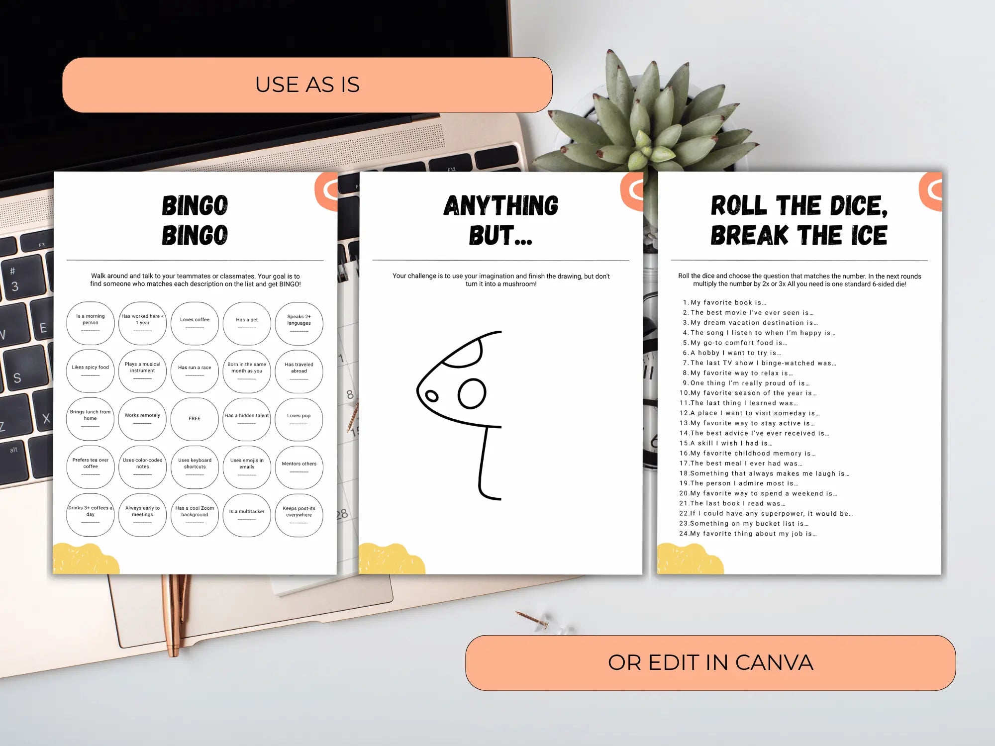 Three printable party game sheets displayed on a desk mockup: 'BINGO BINGO', 'ANYTHING BUT.