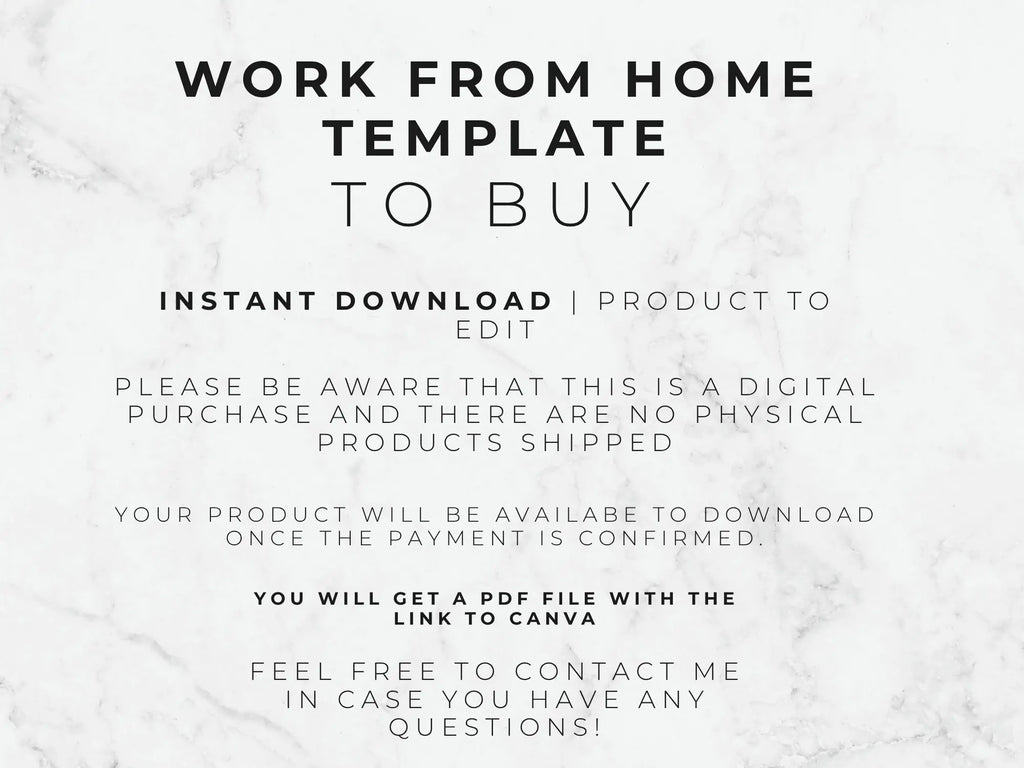 Text on a marble background about a work-from-home template for purchase.