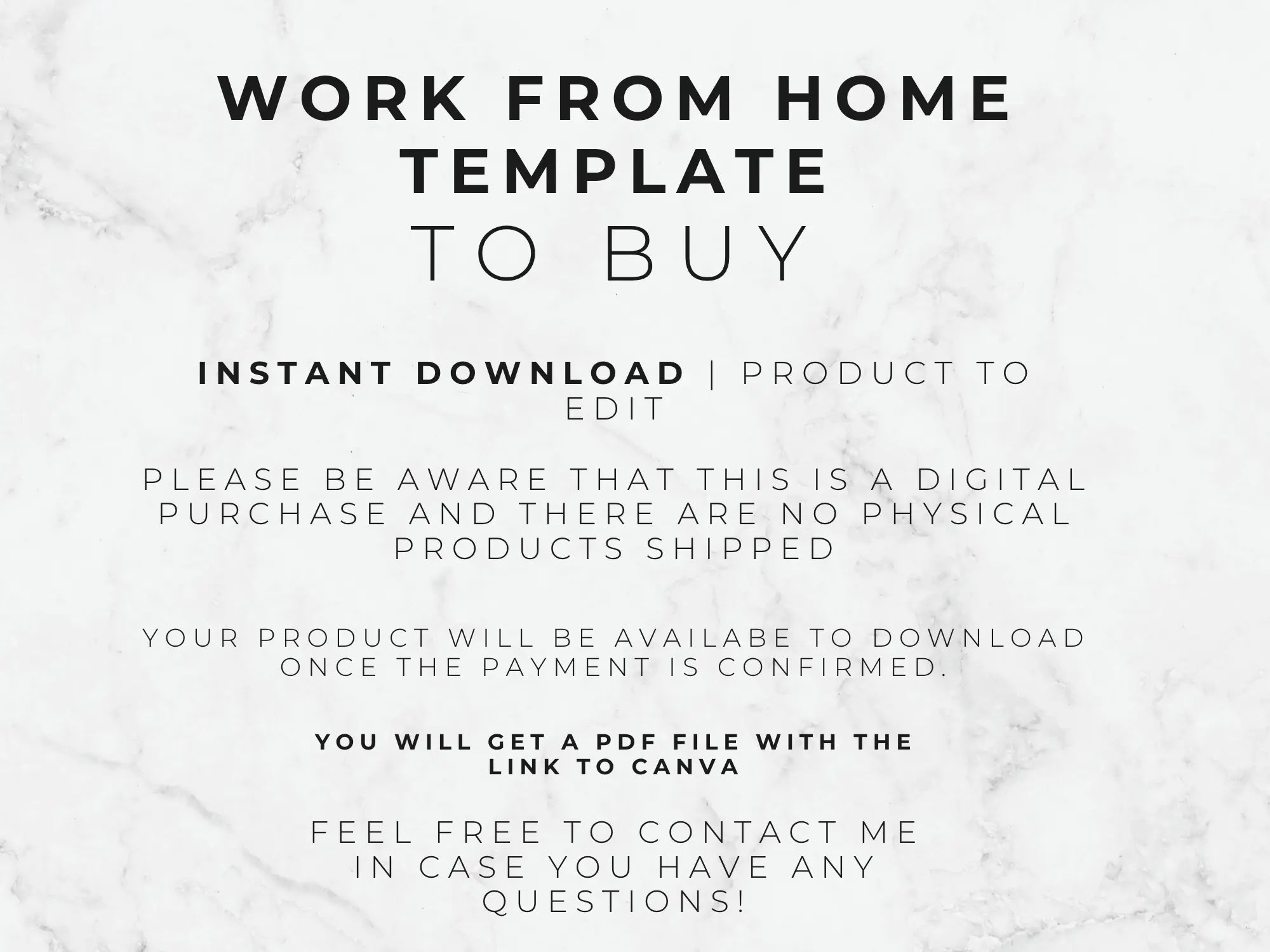 Text on a marble background about a work-from-home template for purchase.