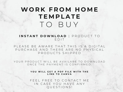 Text on a marble background about a work-from-home template for purchase.