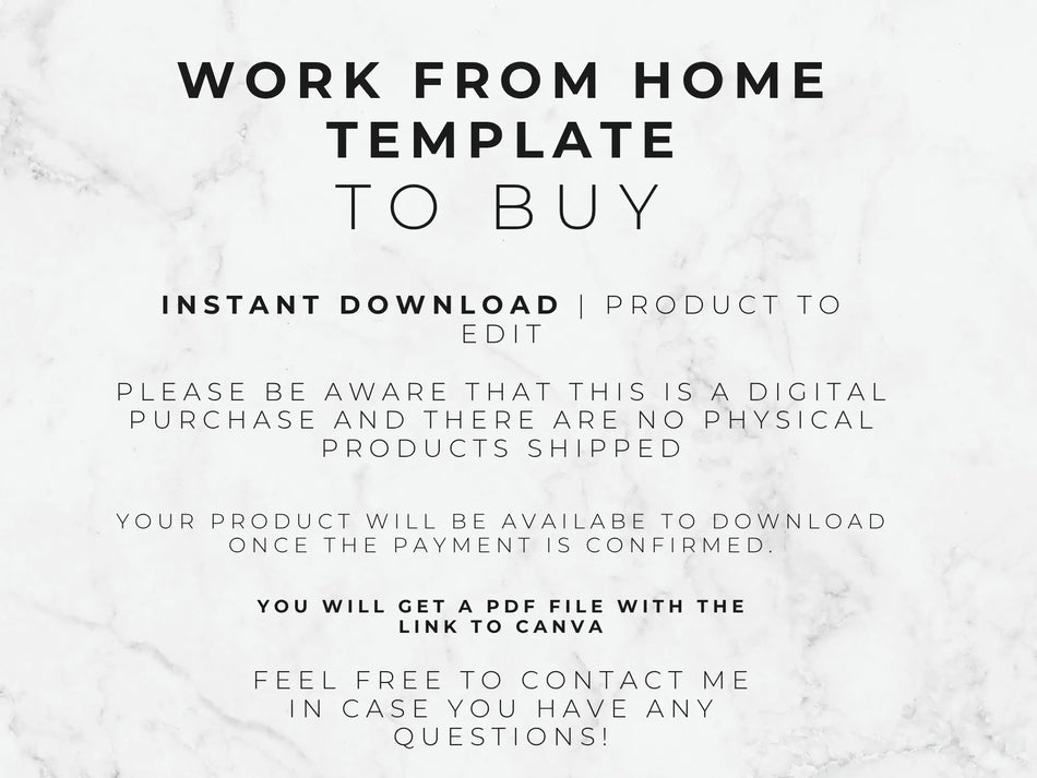 Text on a marble background about a work-from-home template for purchase.