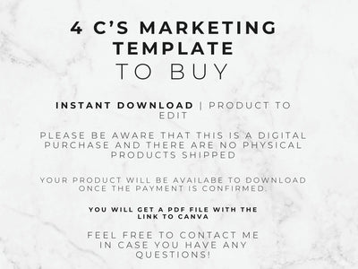 A digital template listing graphic with black text on a white marble background. The text reads: '4 C'S MARKETING TEMPLATE TO BUY', 'INSTANT DOWNLOAD | PRODUCT TO EDIT', and several paragraphs noting this is a digital PDF download rather than a physical product.