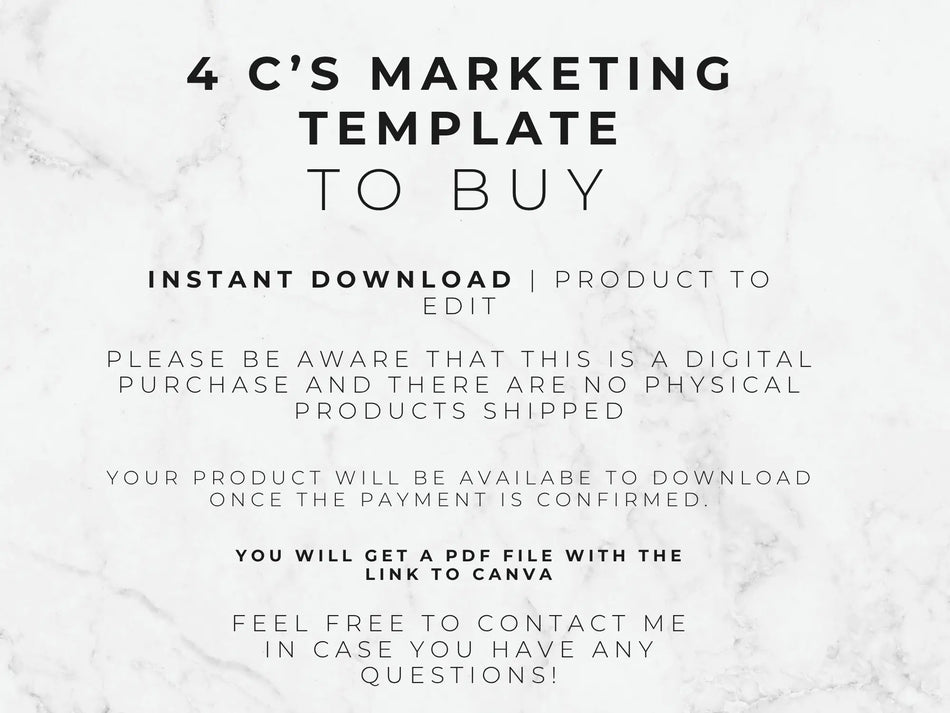 A digital template listing graphic with black text on a white marble background. The text reads: '4 C'S MARKETING TEMPLATE TO BUY', 'INSTANT DOWNLOAD | PRODUCT TO EDIT', and several paragraphs noting this is a digital PDF download rather than a physical product.