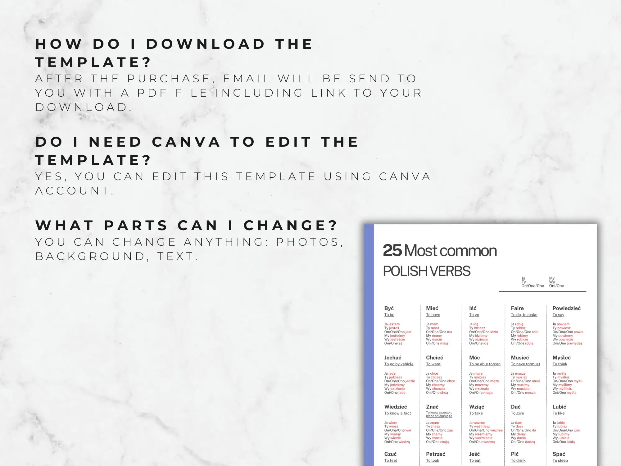 a clear instructional guide answering common questions about downloading the pdf and editing the polish verb chart in canva.