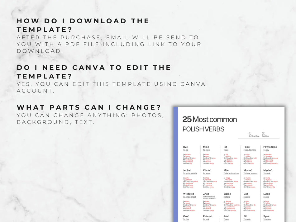 a clear instructional guide answering common questions about downloading the pdf and editing the polish verb chart in canva.