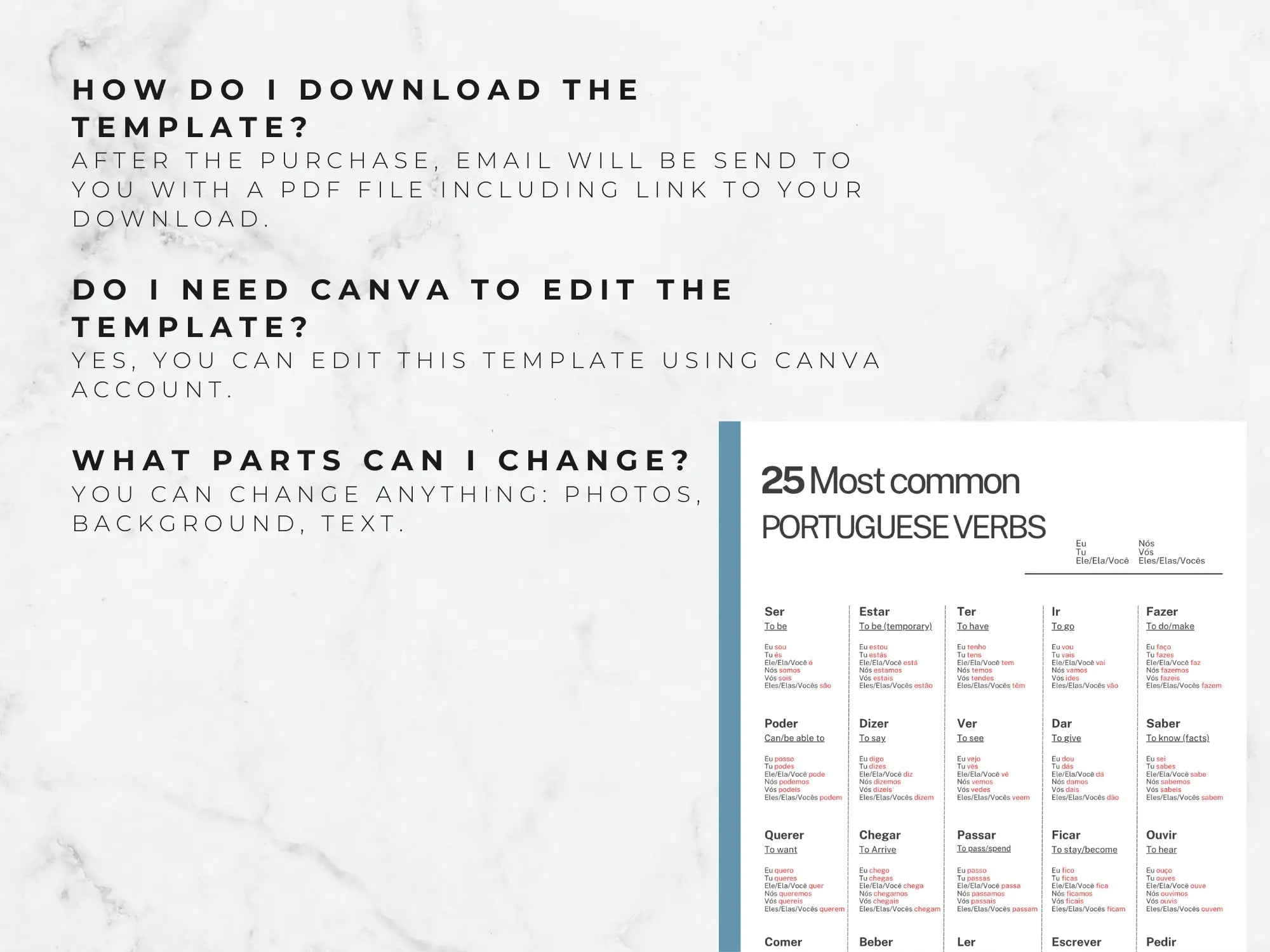 Informational text about downloading and editing a template with a list of Portuguese verbs on a marble background.