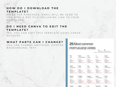 Informational text about downloading and editing a template with a list of Portuguese verbs on a marble background.