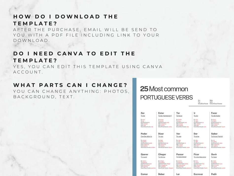 Informational text about downloading and editing a template with a list of Portuguese verbs on a marble background.