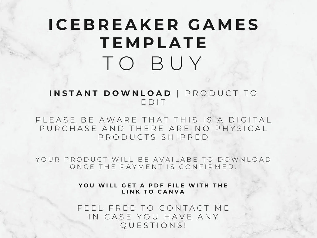 Digital template listing graphic with the text 'ICEBREAKER GAMES TEMPLATE TO BUY' on a white marble background, plus additional download information and a link to Canva.